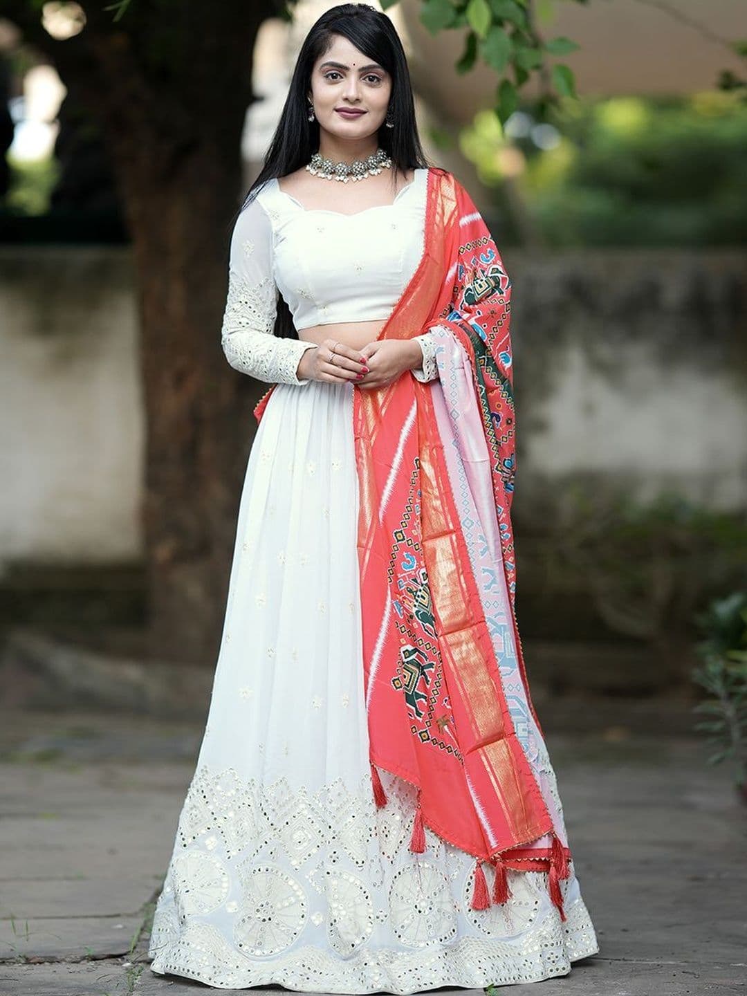 Trendmalls Embroidered Mirror Work Semi-Stitched Lehenga & Blouse With Dupatta - view 1