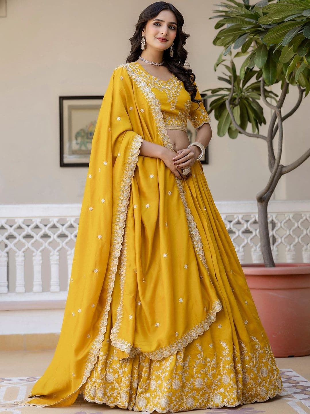 Trendmalls Embroidered Thread Work Semi-Stitched Lehenga & Blouse With Dupatta - view 1