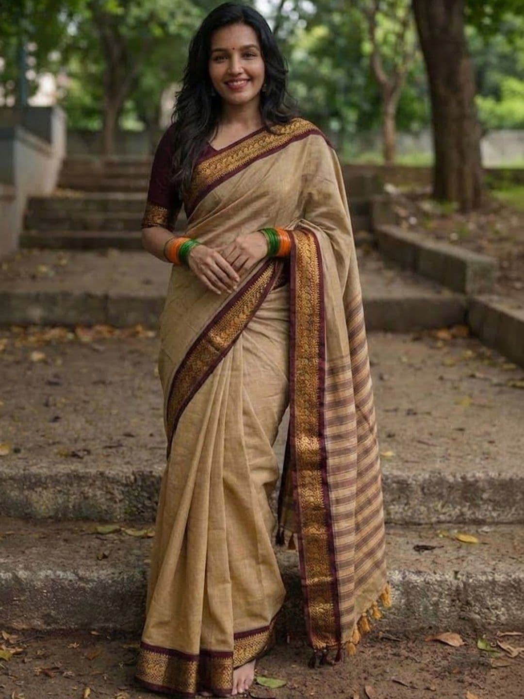 yourwish Striped Zari Silk Cotton Handloom Paithani Saree - view 1