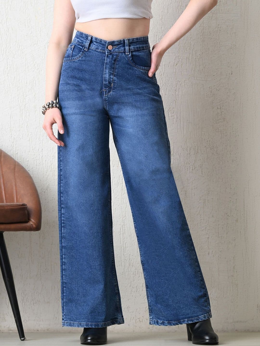 Glossia Women Comfort Wide Leg High-Rise Light Fade Acid Wash Stretchable Jeans - view 1