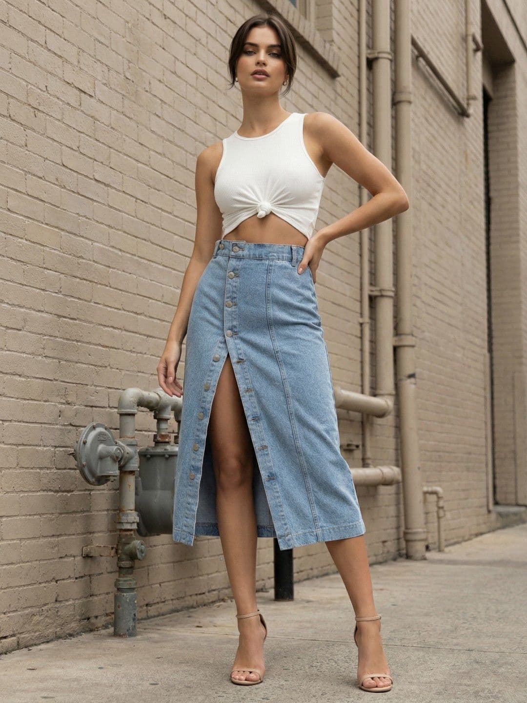 glitchez Denim Midi-Length Straight Skirts - view 1