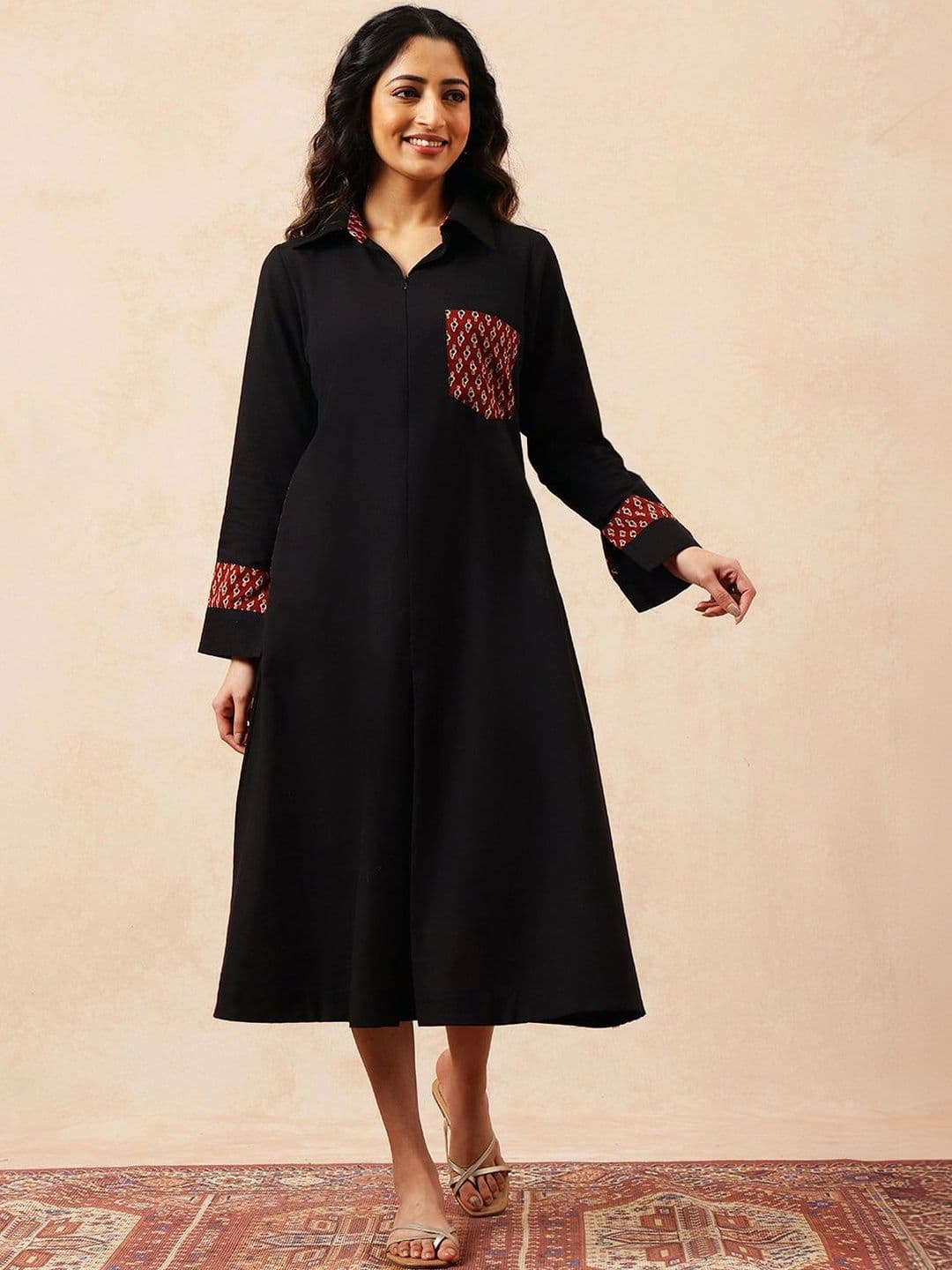 Vbuyz Printed Shirt Collar A-Line Ethnic Dresses - view 1