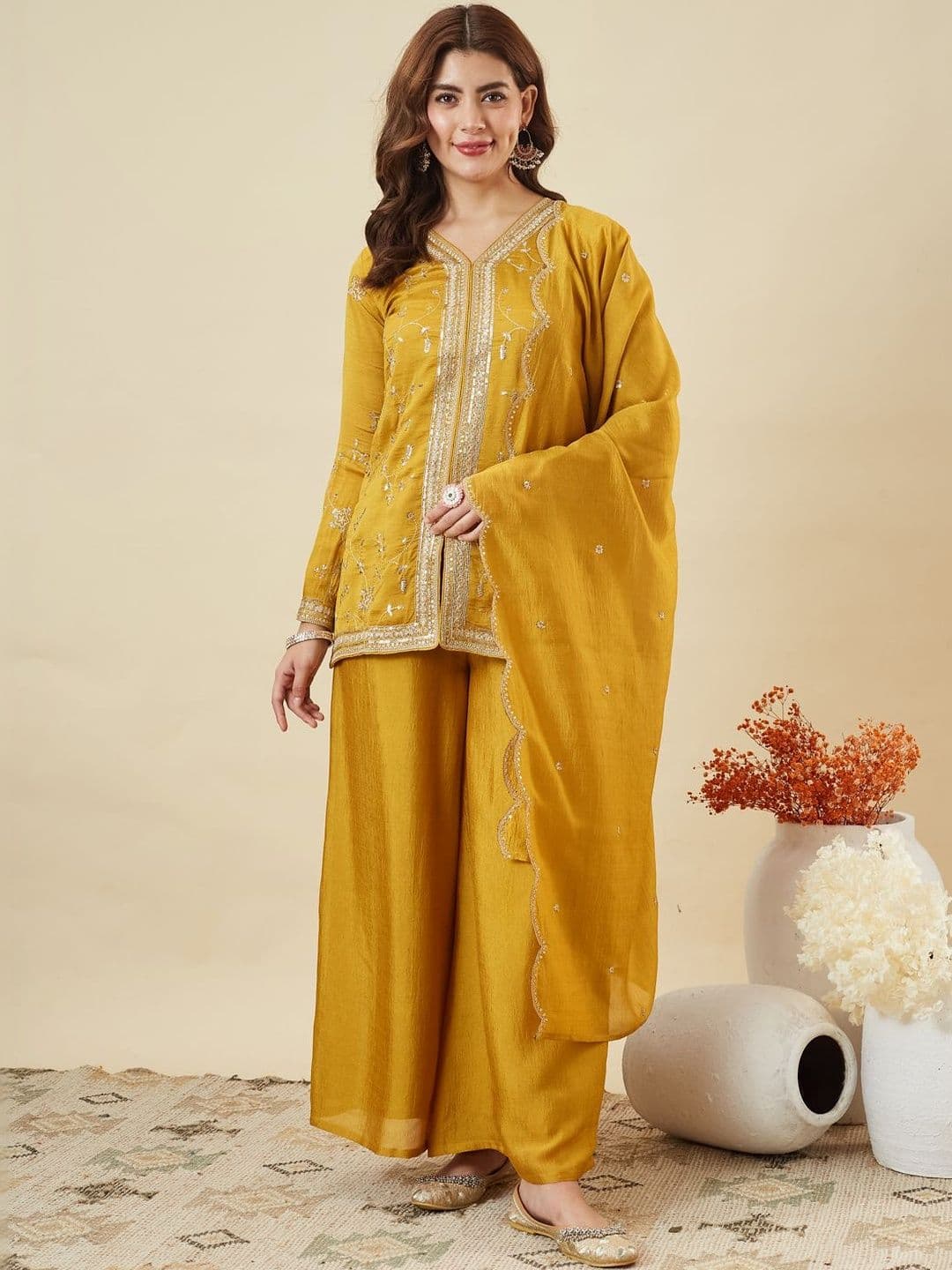 MOKOSH Women Ethnic Motifs Embroidered Angrakha Thread Work Art Silk Kurta with Palazzos & With Dupatta - view 1
