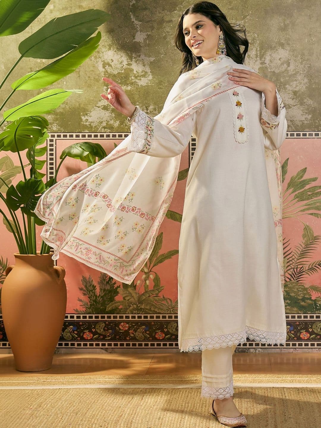 Sangria Embroidered V-Neck Kurta & Trousers Kurta Set - view 1