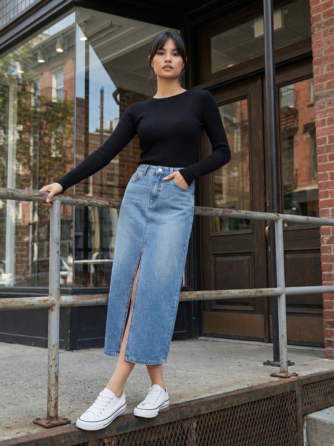 glitchez Denim Midi-Length Straight Skirts - view 1