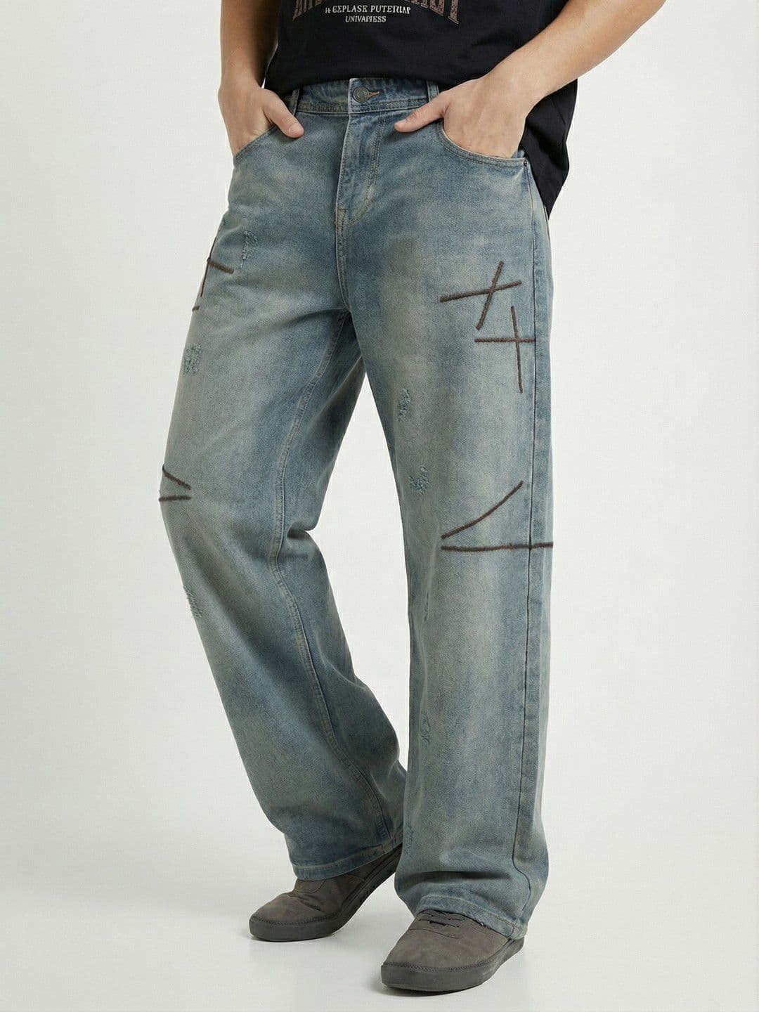 glitchez Men Relaxed Fit High-Rise Low Distress Light Fade Jeans - view 1