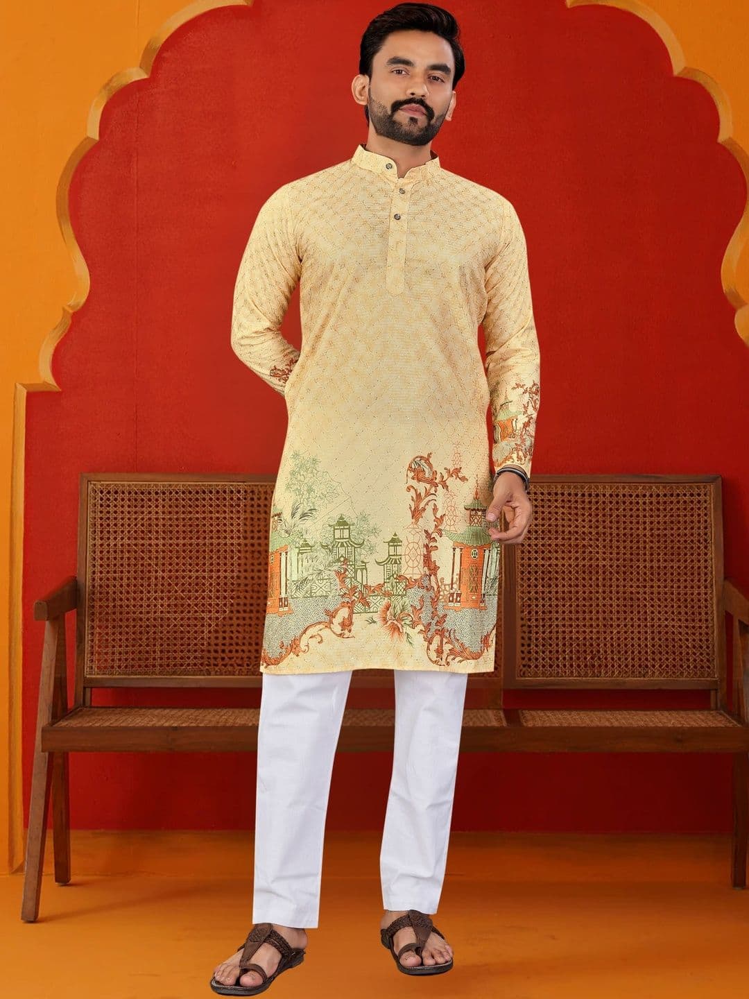 LADY BERRY Men Printed Sequinned Floral Kurta - view 1