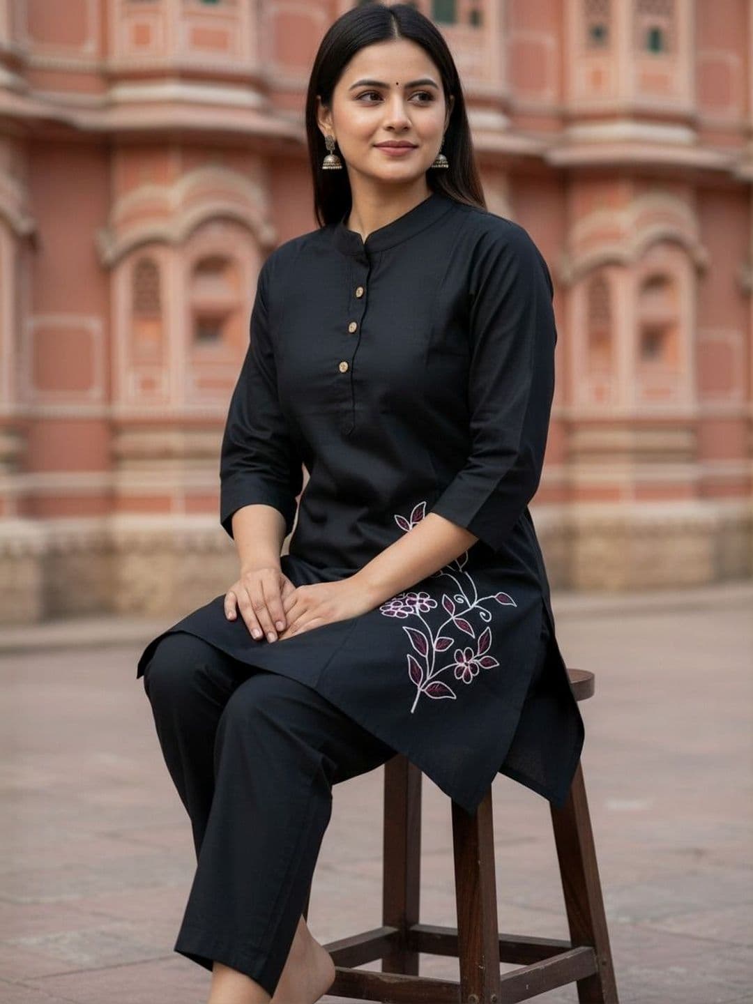 Women Basket Women Floral Embroidered Regular Thread Work Pure Cotton Kurti with Trousers - view 1