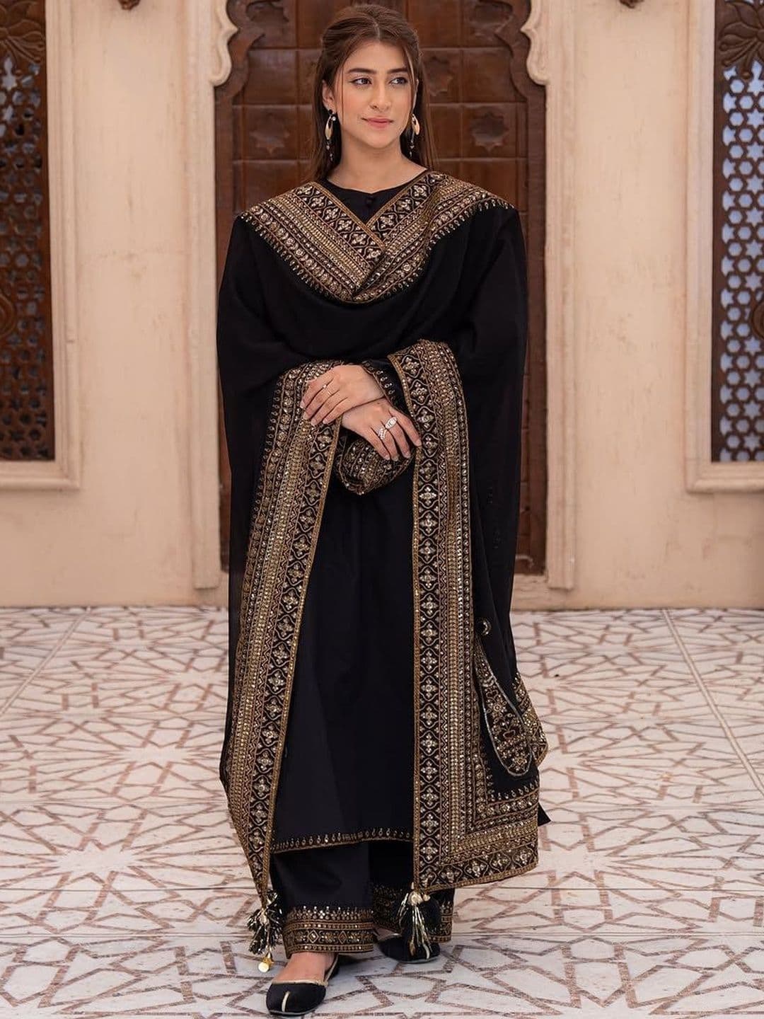 ELIINDRA Women Black Embroidered Roman Silk Kurta Palazzo Set - view 1