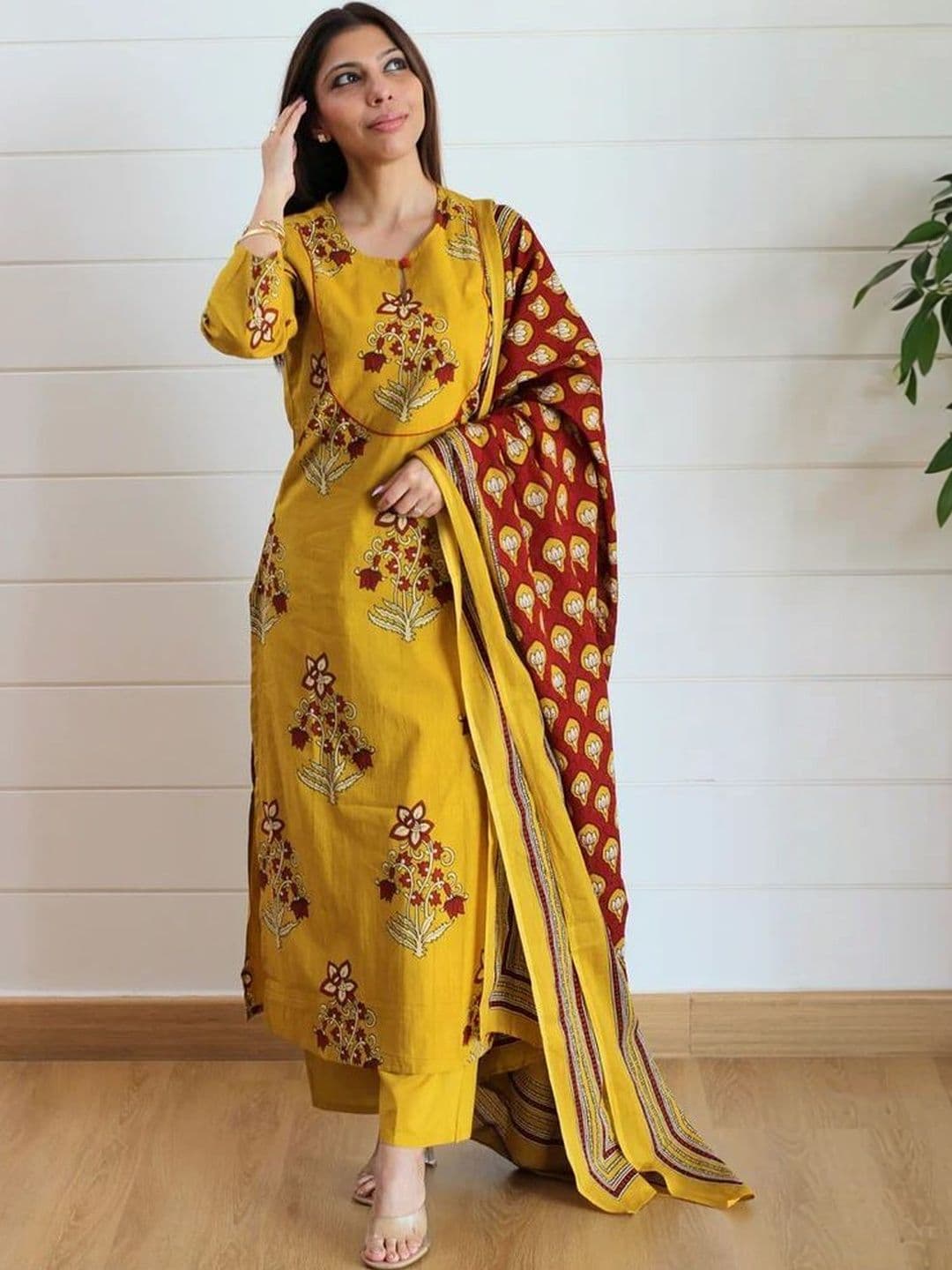 MYRIE Women Ethnic Motifs Printed Regular Chanderi Cotton Kurta with Trousers & With Dupatta - view 1