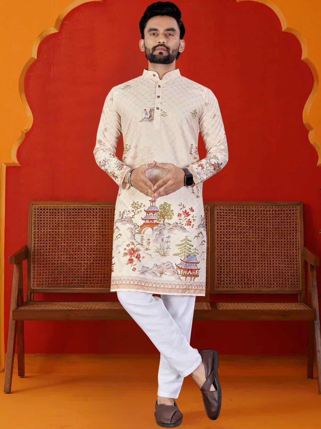 LADY BERRY Men Floral Printed Sequinned White Romance Kurta - view 1