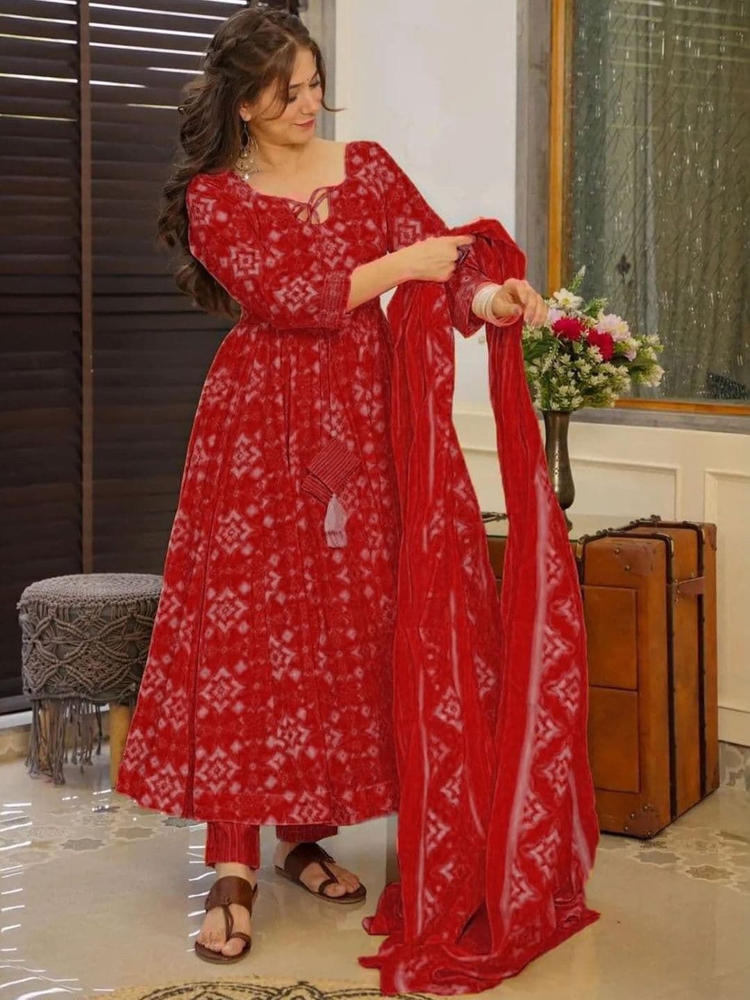 Pravik Women Ethnic Motifs Printed Empire Kurta with Trousers & With Dupatta - view 1