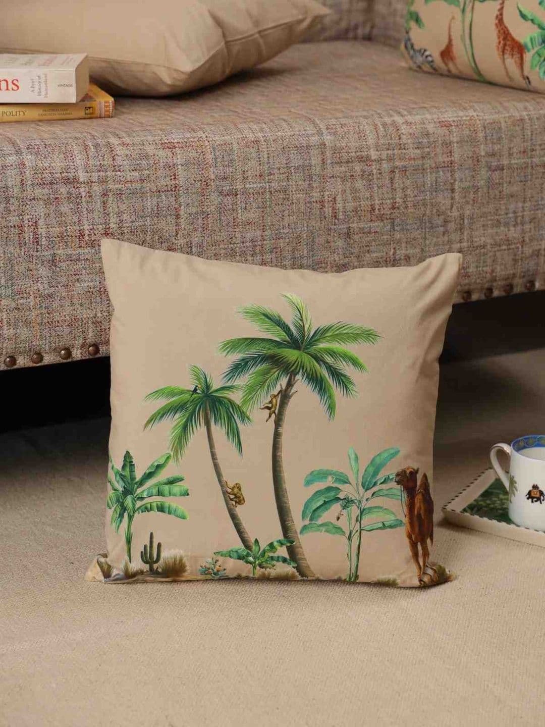 Sangria Beige & Green The Palm & Desert Safari Cotton Square Cushion Cover-16 x 16 Inch - view 1
