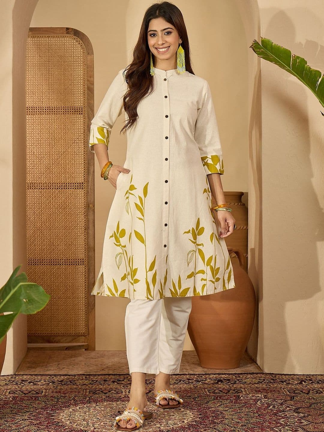 Sangria Printed Cotton Mandarin Collar Calf Length A-Line Kurtas - view 1