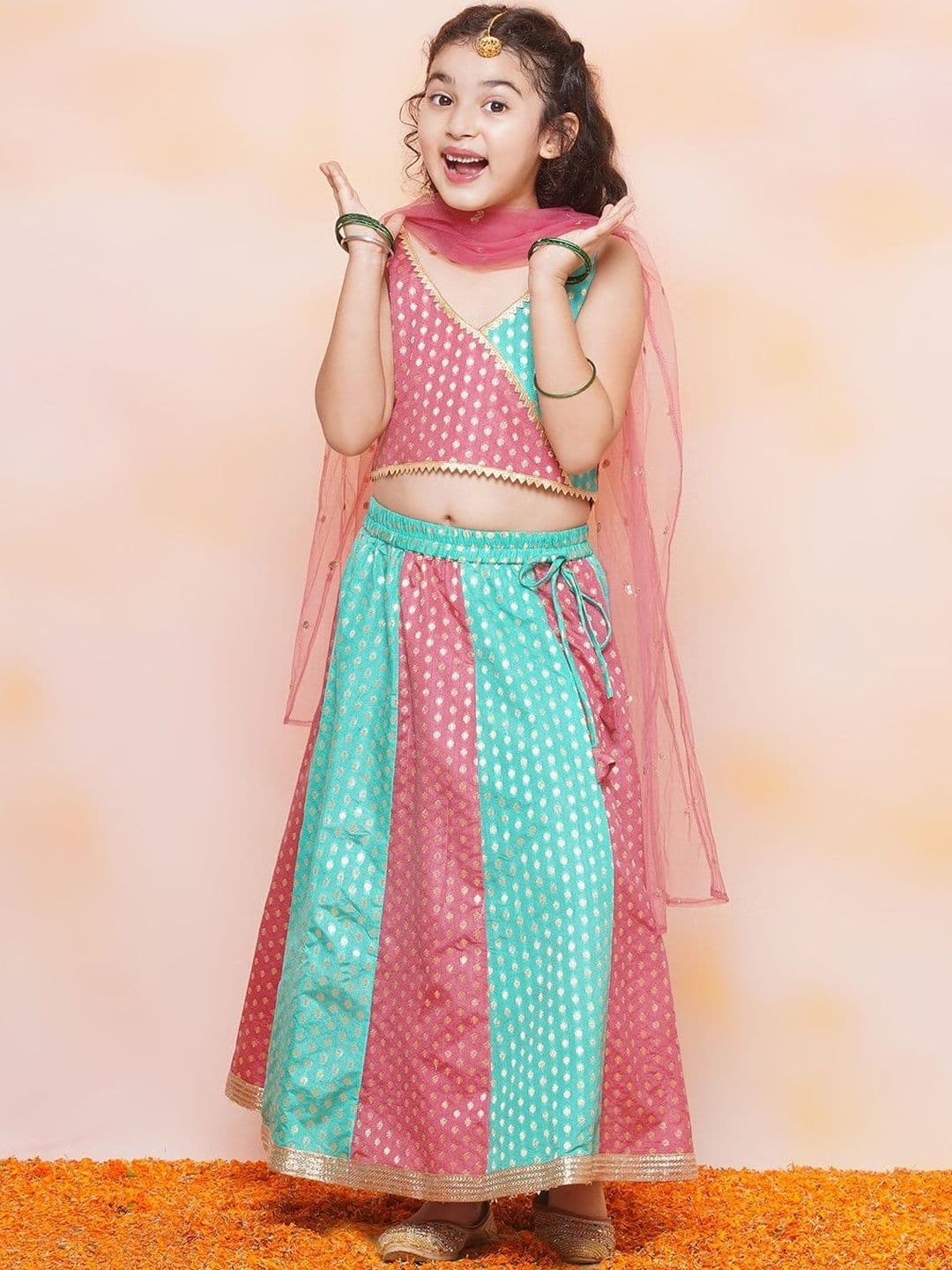 Aj DEZInES Girls Embellished Foil Print Ready to Wear Lehenga & Blouse With Dupatta - view 1