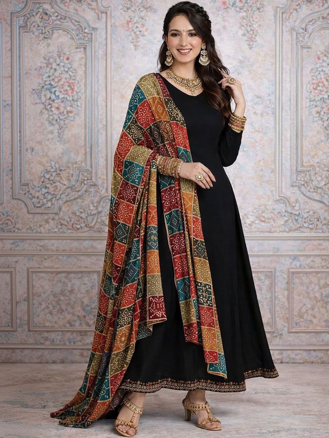 YUGAVEERAA Ethnic Motifs Printed Bandhani Dupatta with Gotta Patti - view 1