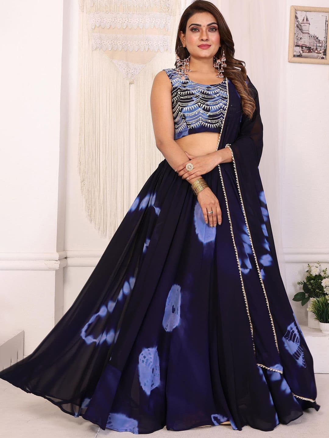PATLANI STYLE Embroidered Sequinned Tie and Dye Semi-Stitched Lehenga & Blouse With Dupatta - view 1