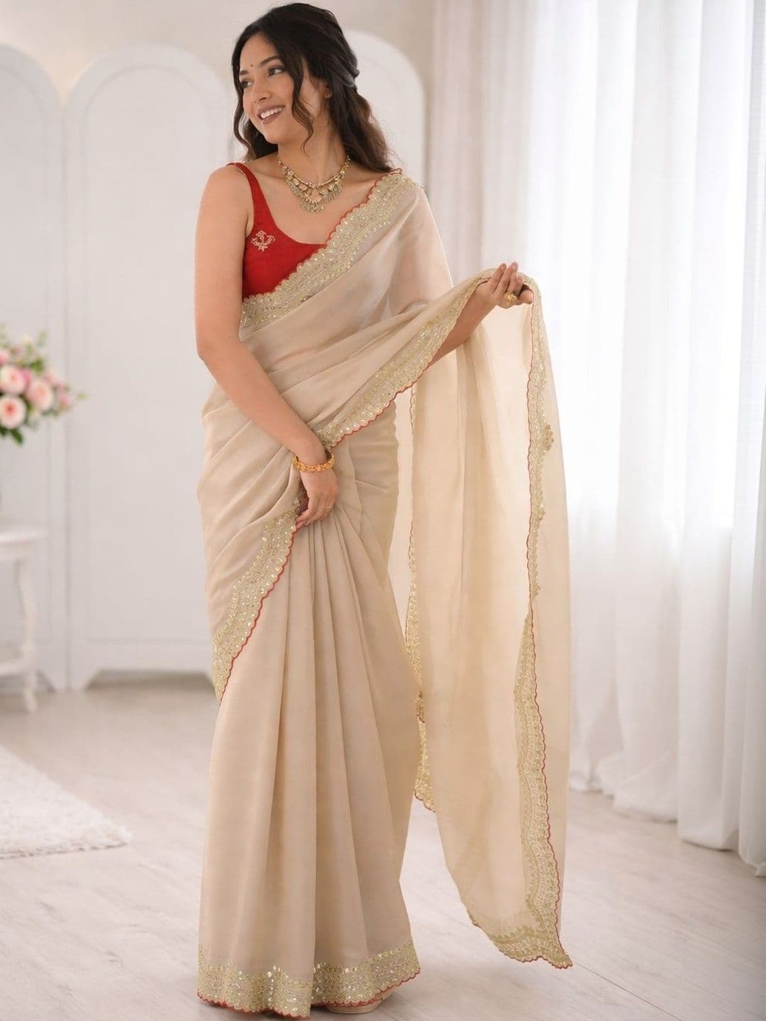 NAVANTIKA Embellished Sequinned Satin Heavy Work Saree - view 1