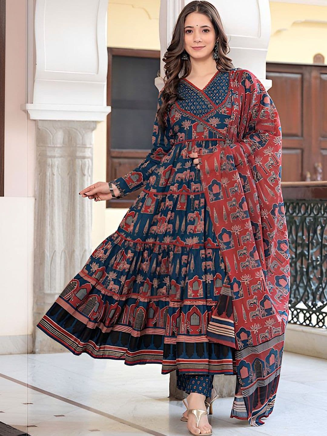 Lali Creation Women Ethnic Motifs Printed Tiered Kurta with Trousers & With Dupatta - view 1