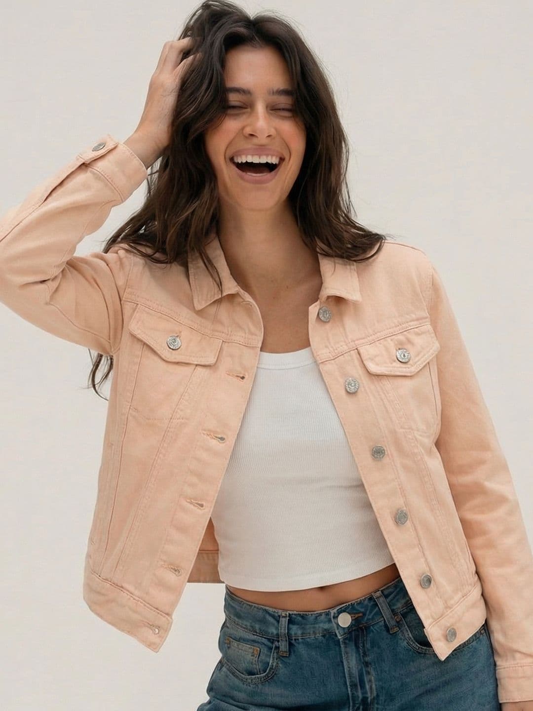 Tokyo Talkies Women Peach-Coloured Solid Denim Jacket - view 1