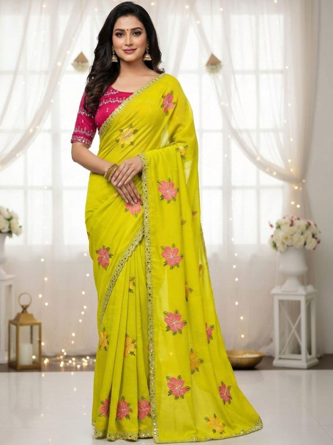 KALINI Floral Mirror Work Poly Georgette Saree - view 1