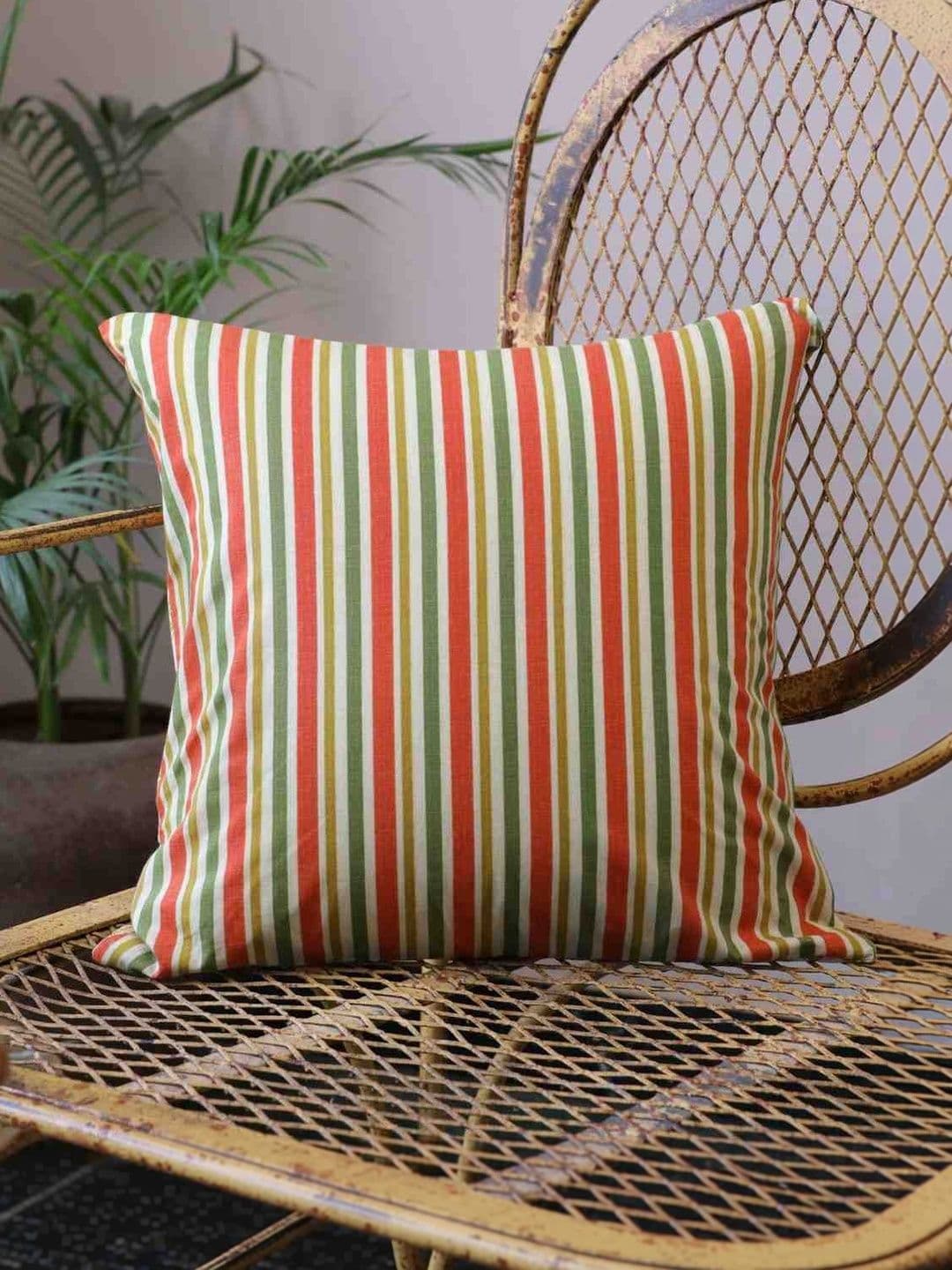 Sangria Green & Red Striped Cotton Square Cushion Covers - view 1