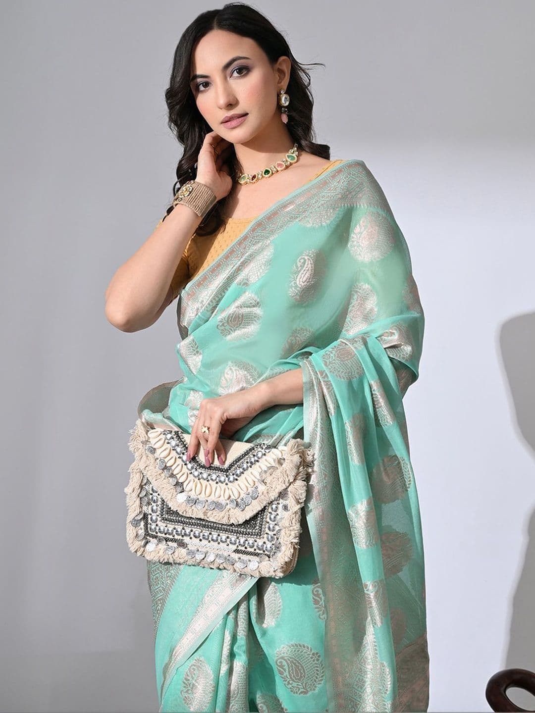 Dhaaga Ghar Ethnic Motifs Zari Linen Blend Banarasi Saree - view 1
