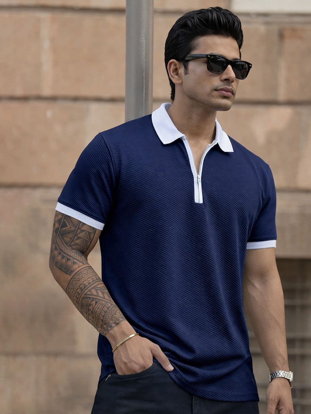 COMBRAIDED Men Polo Collar Polyester PU Coated T-shirt - view 1