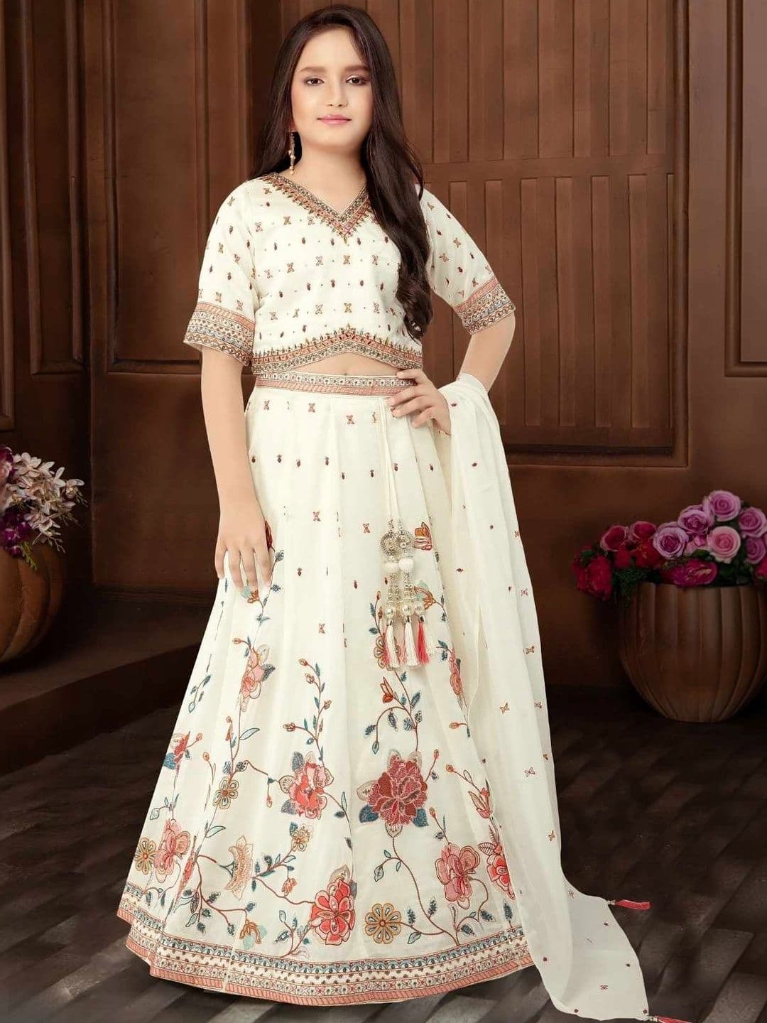 Lagorii Girls Embroidered Thread Work Semi-Stitched Lehenga & Blouse With Dupatta - view 1