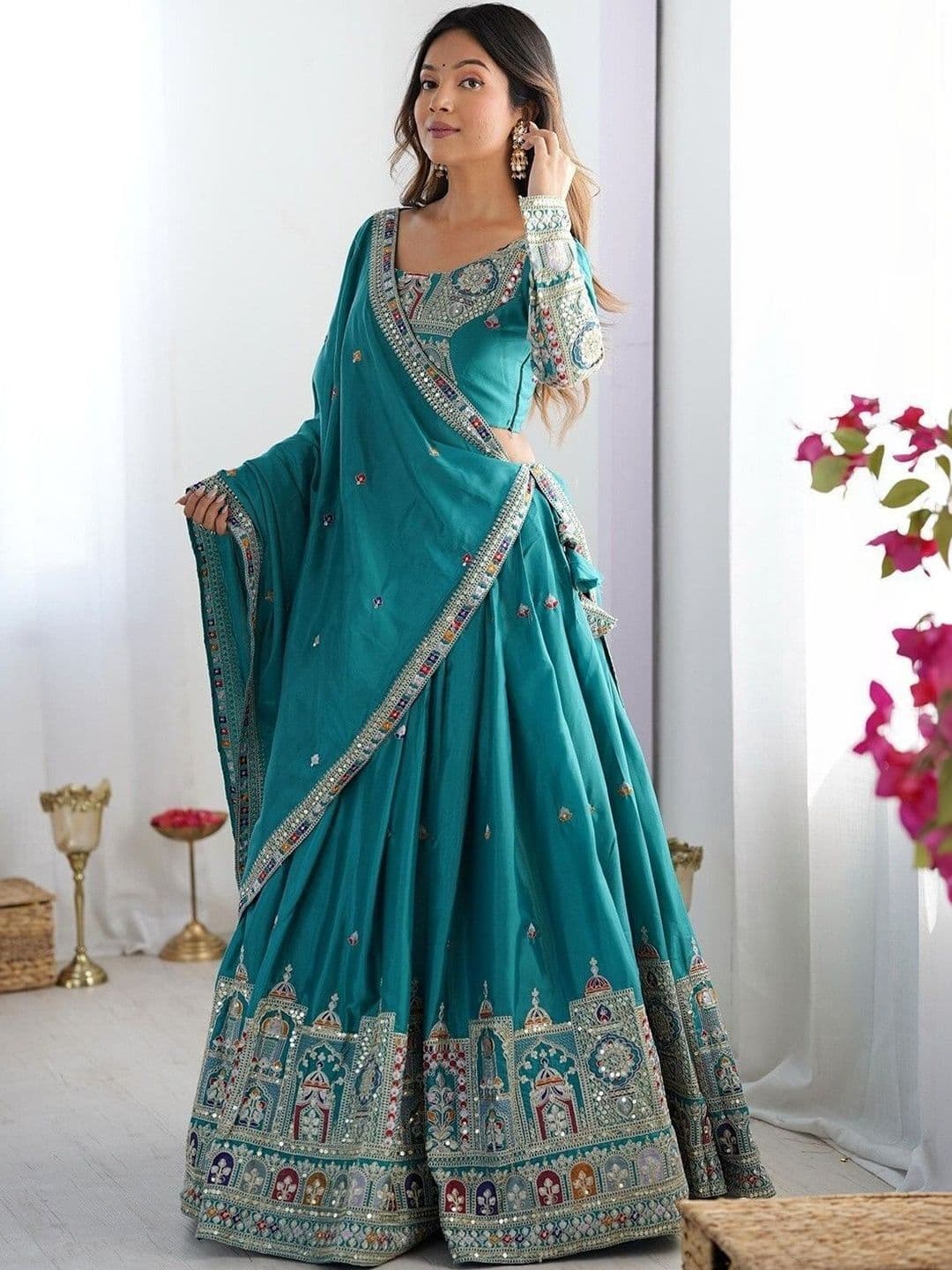 REELOVE FACTORY Embroidered Mirror Work Semi-Stitched Lehenga & Blouse With Dupatta - view 1