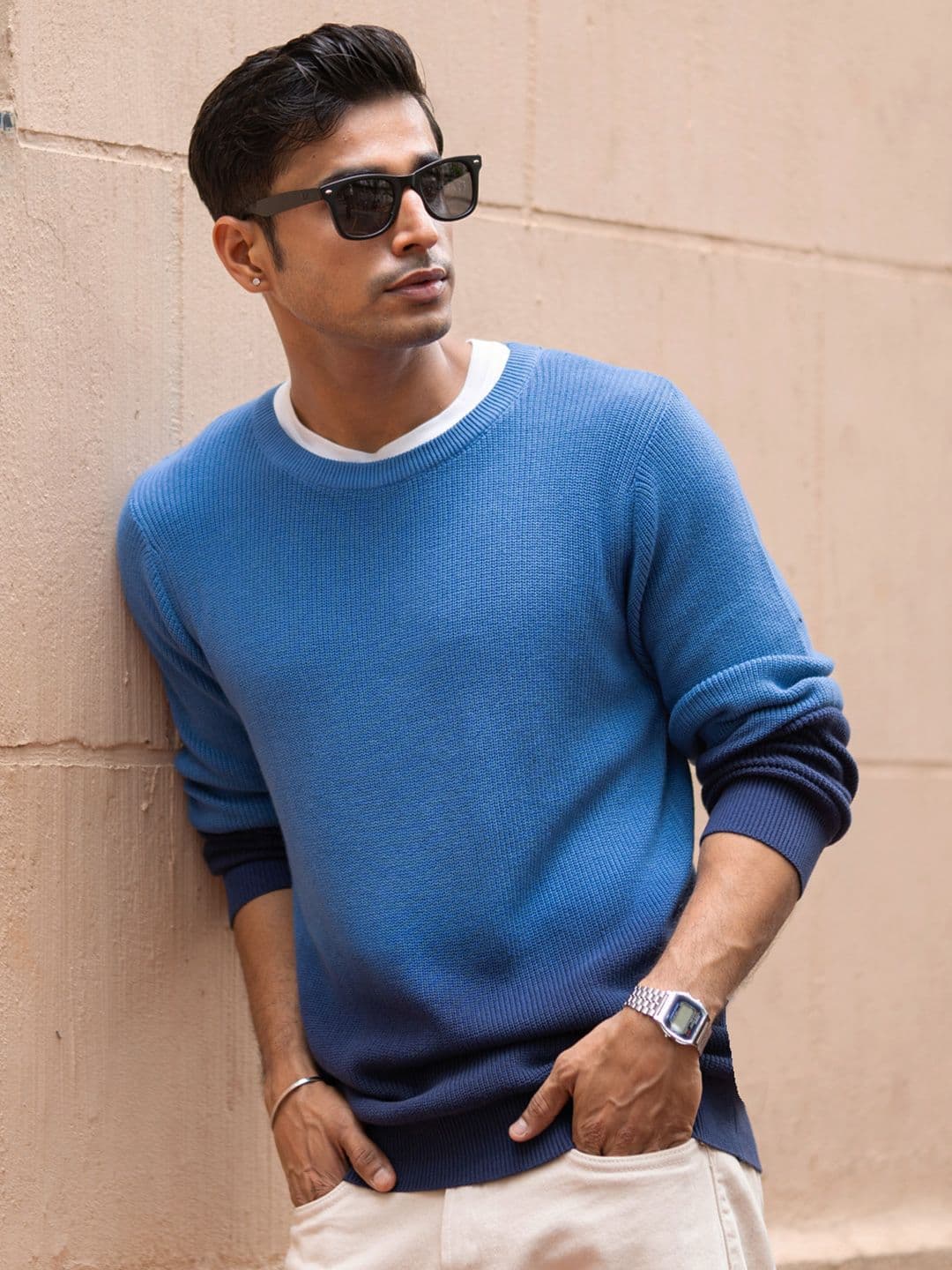 Powerlook SS25 Blue Men Striped Round Neck Long Sleeves Cotton Pullover Sweaters - view 1