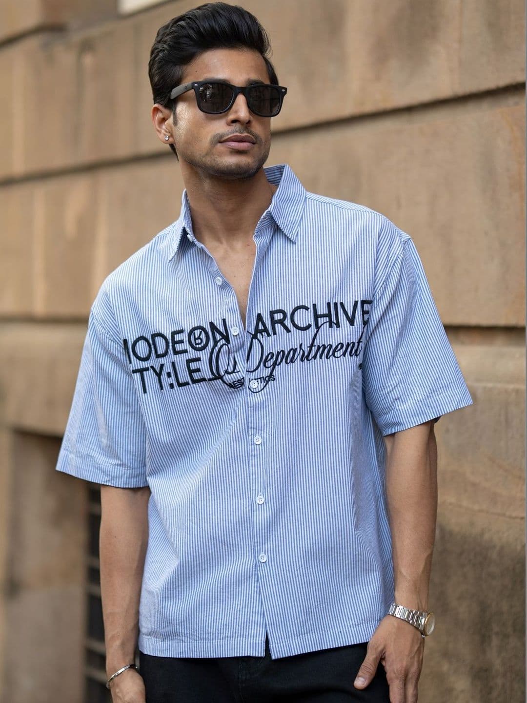 Powerlook Stripe Embroidered Printed Cotton Short Sleeves Boxy Fit Shirt - view 1