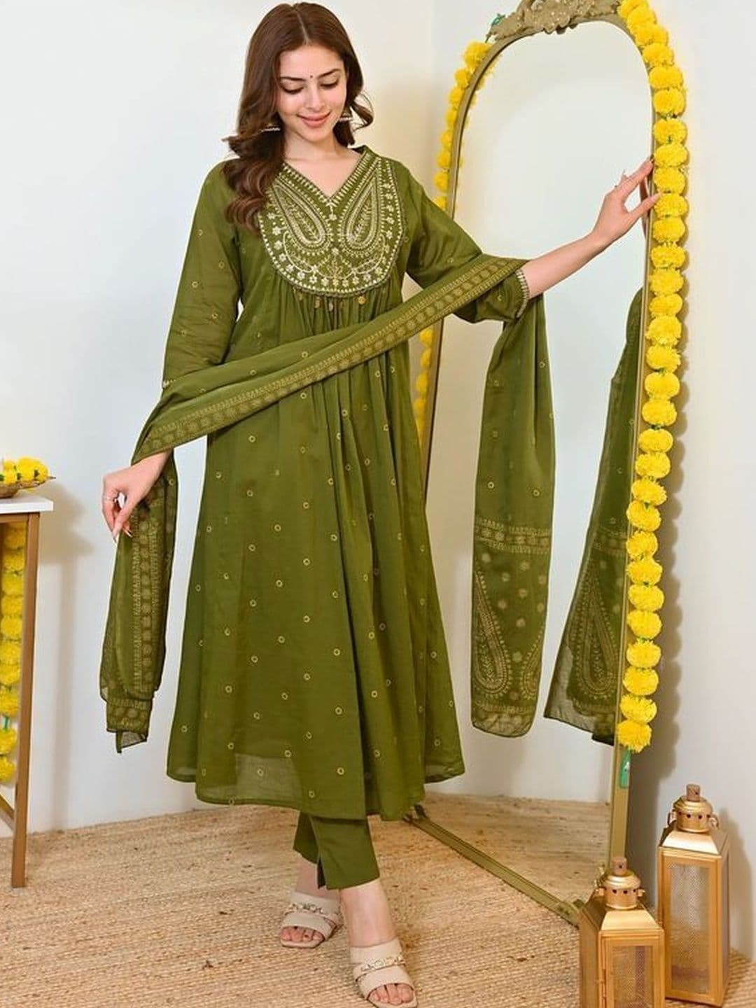 MYRIE Women Ethnic Motifs Embroidered Empire Thread Work Chanderi Cotton Kurta with Trousers & With Dupatta - view 1