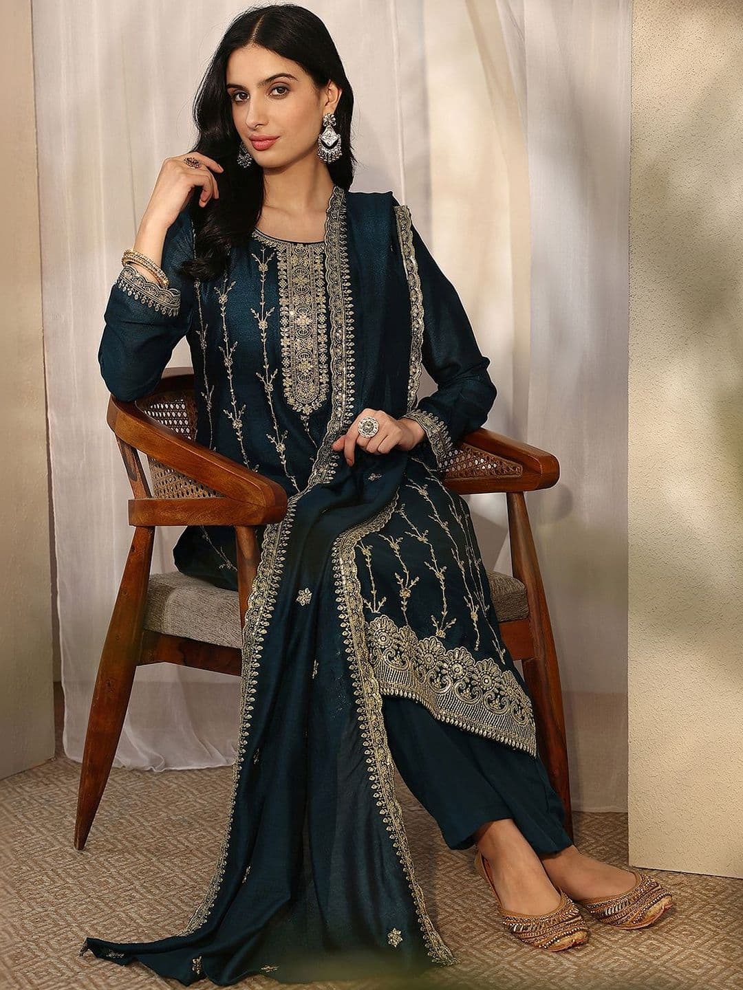 Libas Women Ethnic Motifs Embroidered Regular Thread Work Kurta with Trousers & With Dupatta - view 1