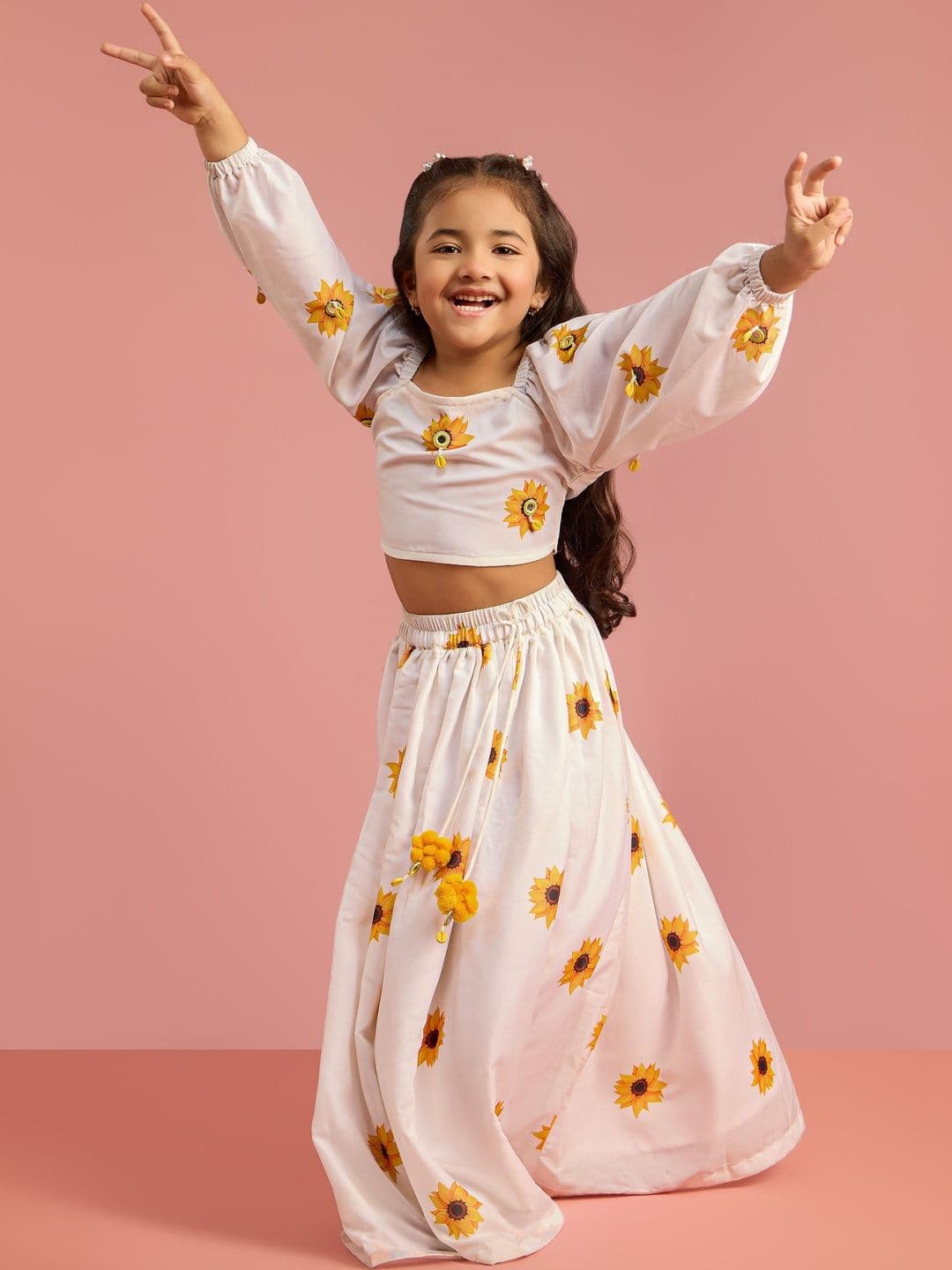 VASTRAMAY Girls White Digital Sunflower Printed Poly Muslin Lehenga Choli Set - view 1