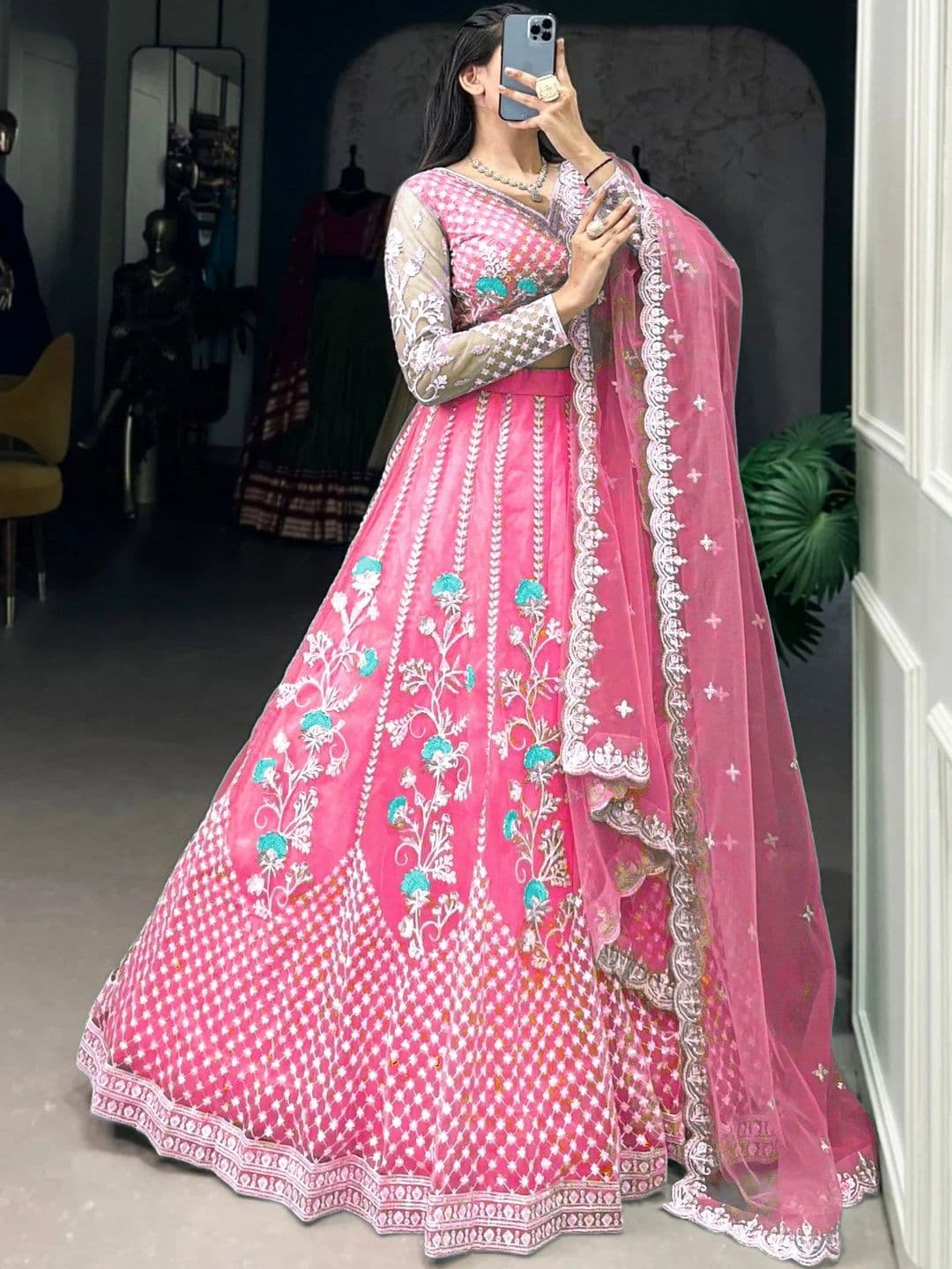 REELOVE FACTORY Embroidered Thread Work Semi-Stitched Lehenga & Blouse With Dupatta - view 1