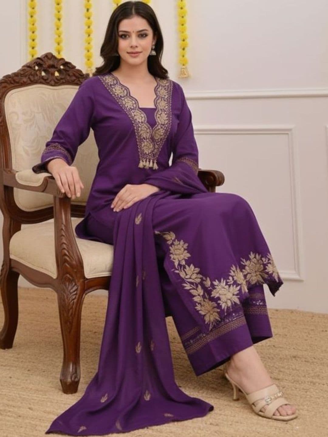 MYRIE Women Ethnic Motifs Embroidered Regular Thread Work Chanderi Cotton Kurta with Palazzos & With Dupatta - view 1