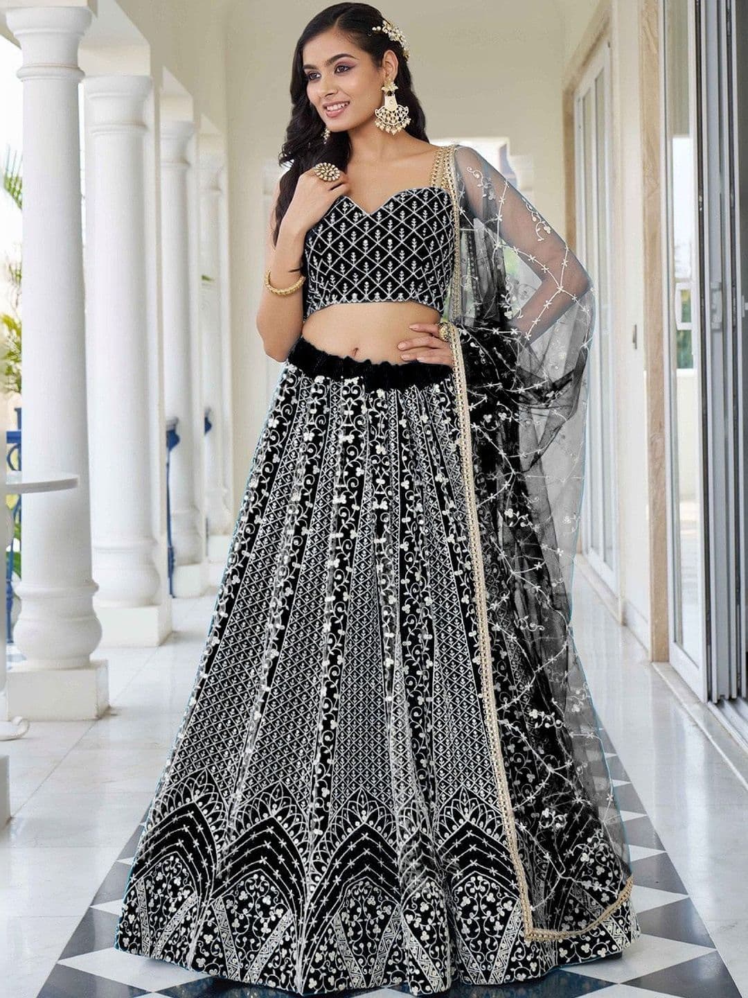UDBHAV EXPORT Embroidered Sequinned Semi-Stitched Lehenga & Unstitched Blouse With Dupatta - view 1