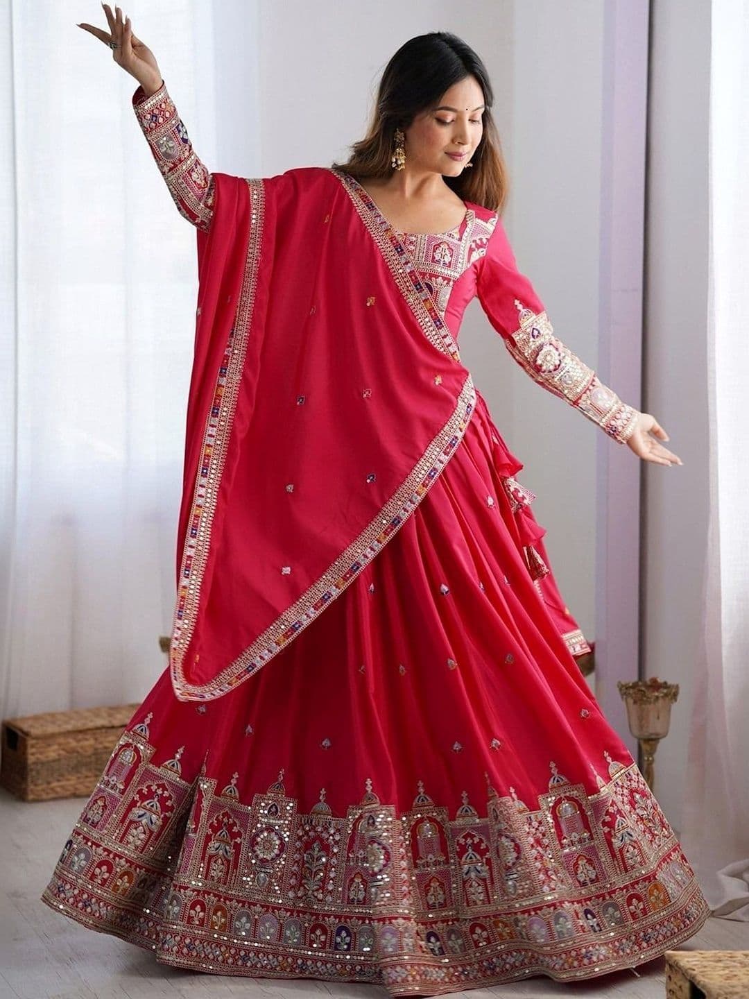 UDBHAV EXPORT Embellished Mirror Work Ready to Wear Lehenga & Blouse With Dupatta - view 1