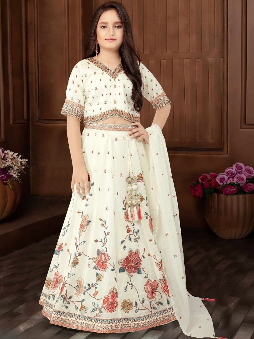Lagorii Girls Embroidered Thread Work Semi-Stitched Lehenga & Blouse With Dupatta - view 1