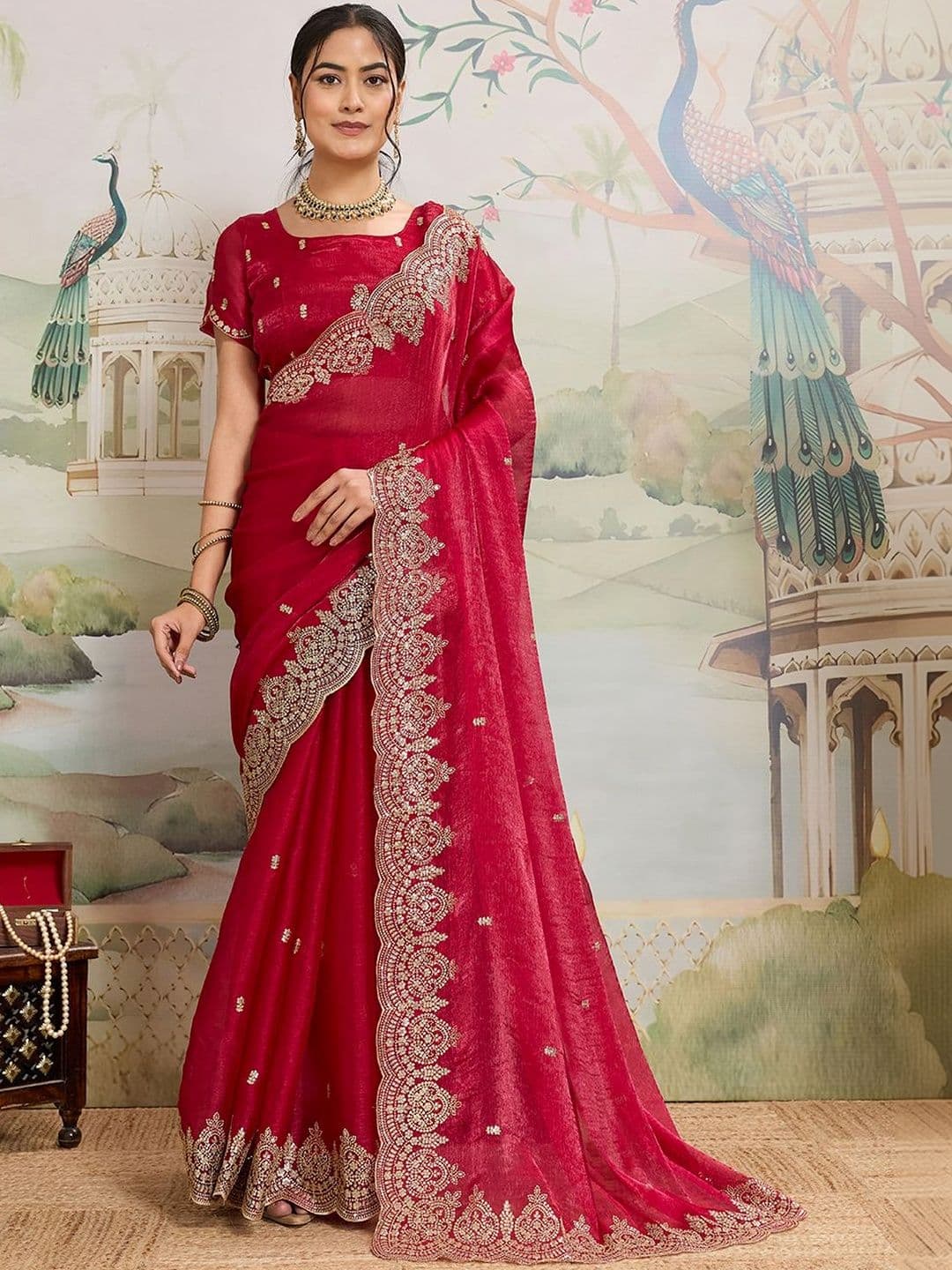 HERE&NOW Embellished Zari Organza Heavy Work Saree - view 1