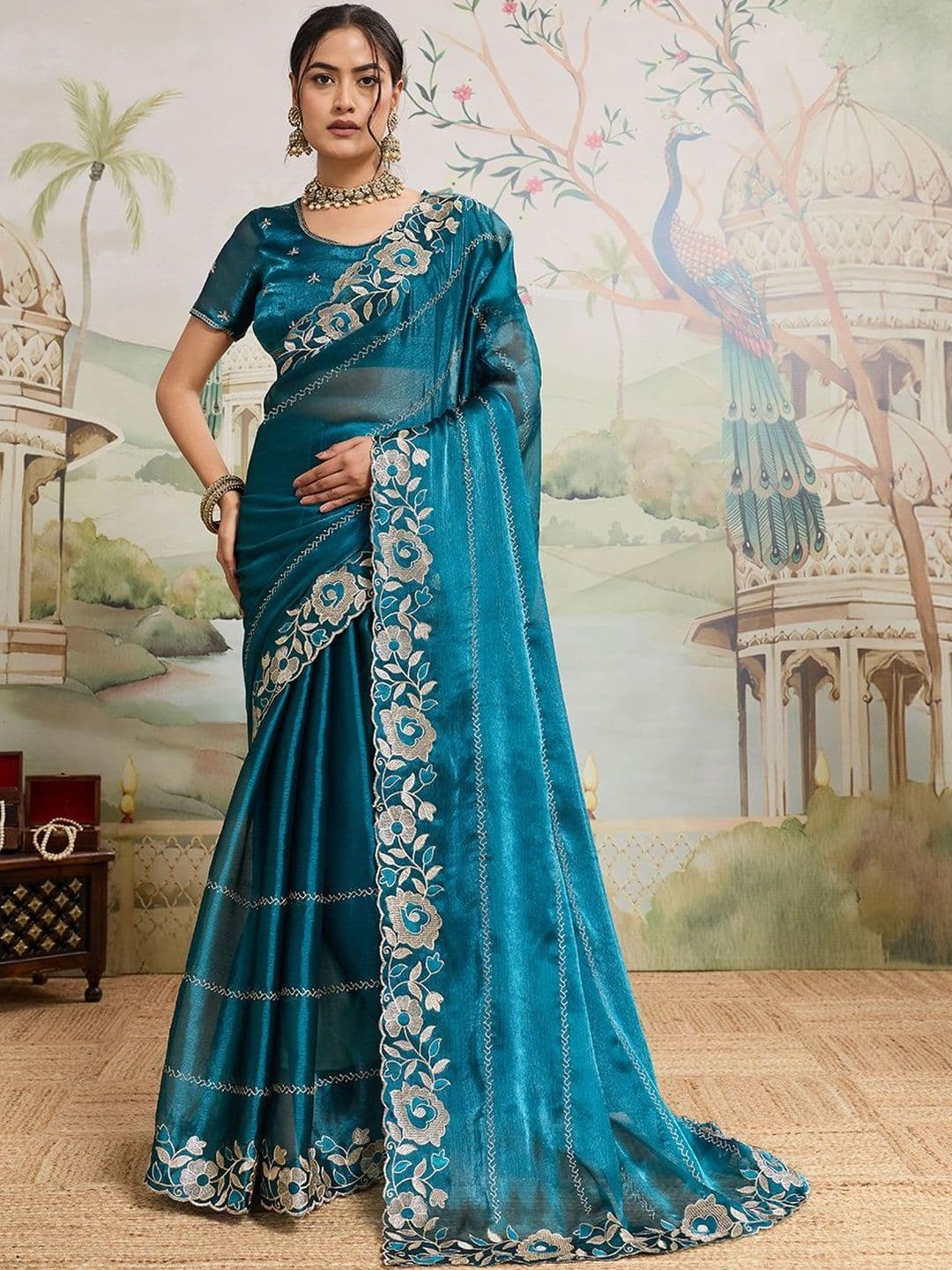 HERE&NOW Floral Embroidered Organza Heavy Work Saree - view 1