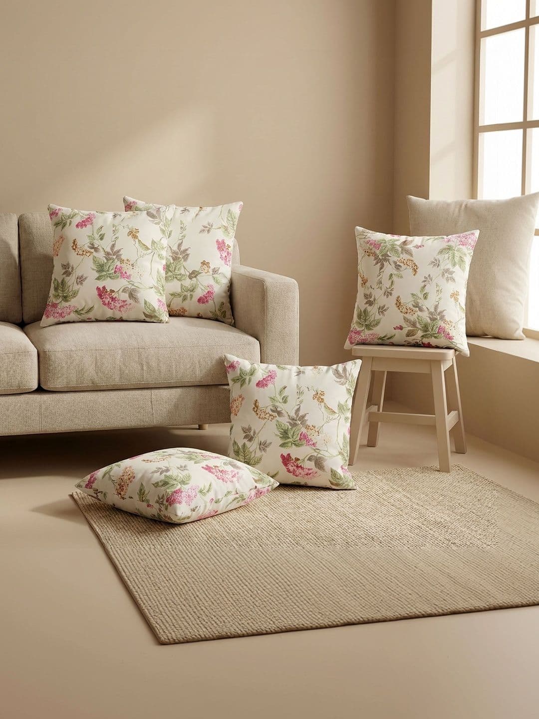 Clasiko White & Pink Set of 5 Floral Square Cushion Covers - view 1