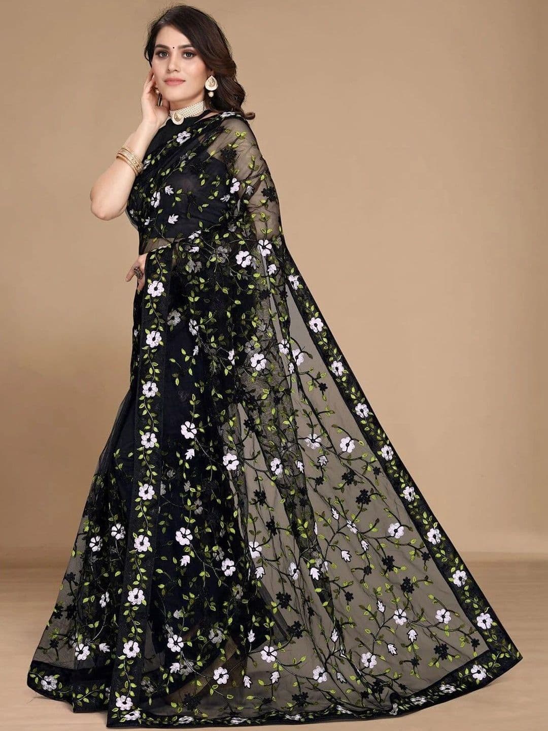 VERVIZA Floral Embroidered Net Heavy Work Saree - view 1