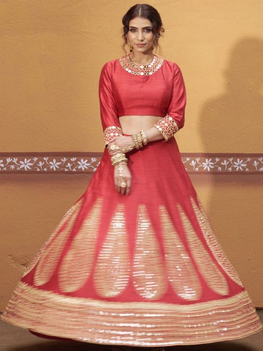 THETAA Embellished Mirror Work Semi-Stitched Lehenga & Blouse With Dupatta - view 1