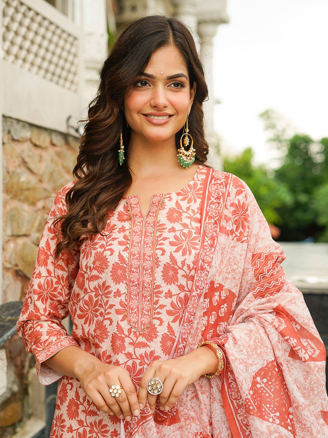 KALINI Floral Printed Notch Neck Straight Kurta & Trousers With Dupatta - view 1
