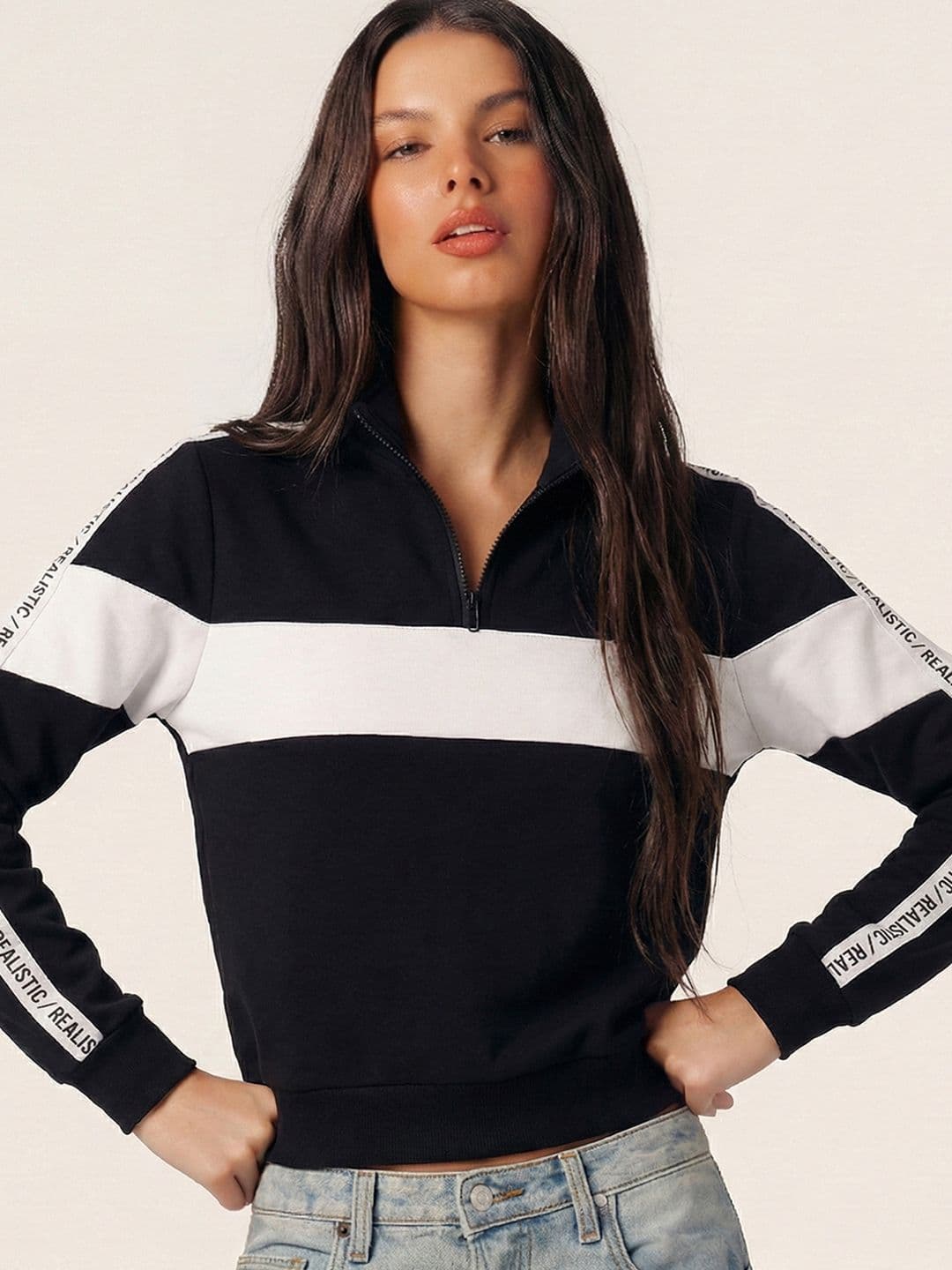Tokyo Talkies Women Black & White Colourblocked Pullover Sweatshirt - view 1
