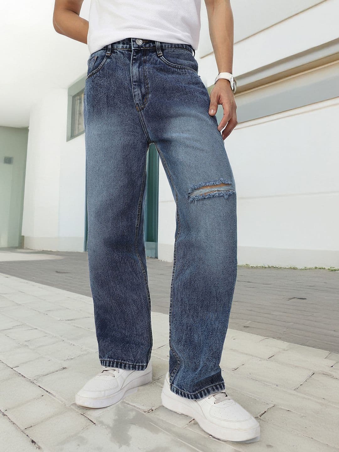 Urbano Fashion Men Pure Cotton Loose Relaxed Fit Slash Knee Heavy Fade Jeans - view 1