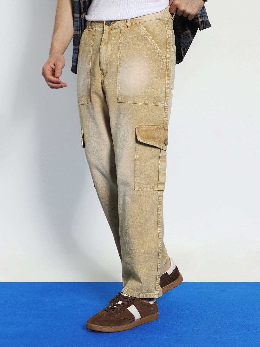 Urbano Fashion Men's Beige Loose Fit Cargo Jeans With 6 Pockets Non-Stretchable - view 1