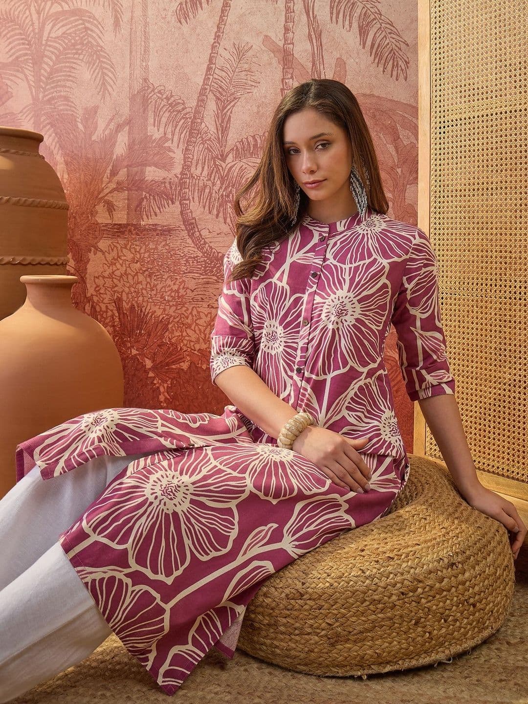 Sangria Pink Printed Pure Cotton A Line Kurta - view 1